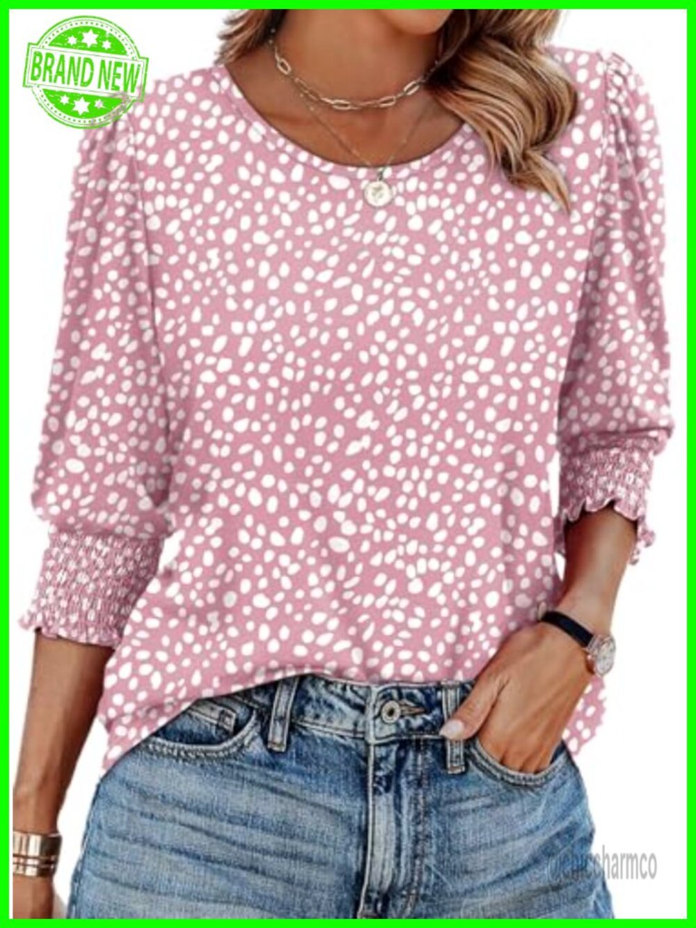 Women's 3/4 Sleeve Blouse with Smocked Cuffs Crew Neck Curved Hem Dressy Casual